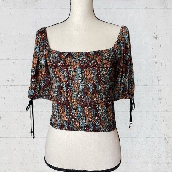 Free People Back On Top Cropped Top Dark Combo Size S Boho Smocked Puff Sleeve - Picture 5 of 13